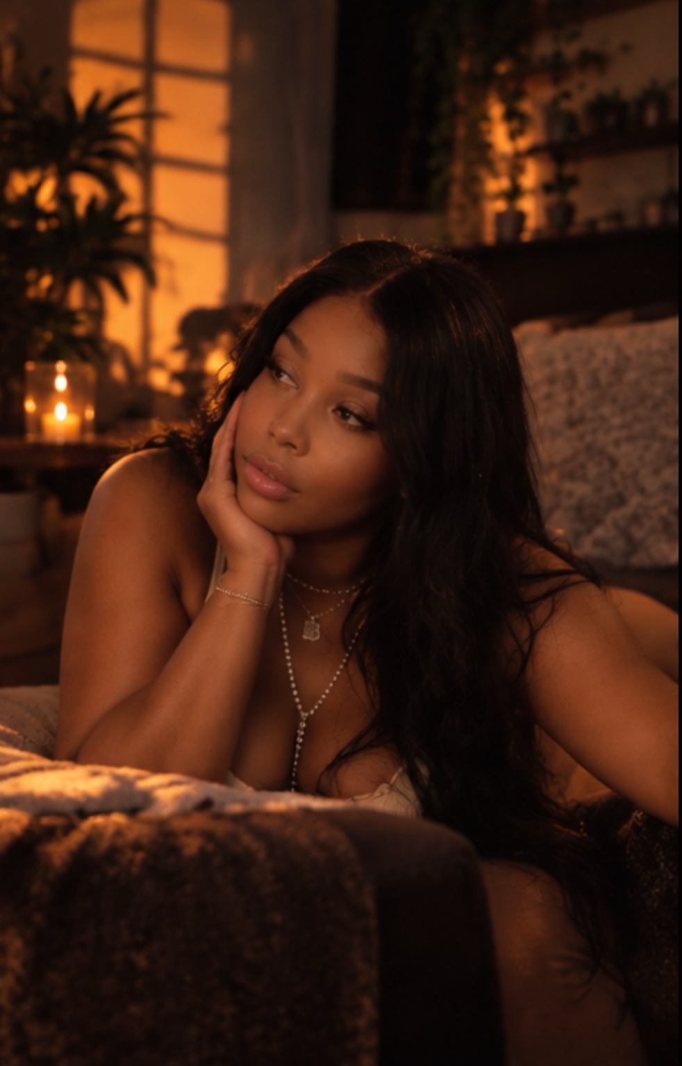 Cece resting her cheek against her hand in warm amber light