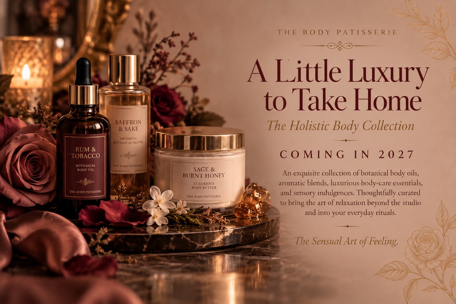 A Little Luxury to Take Home. The Holistic Body Collection. Coming in 2027. Botanical body oils, aromatic blends, luxurious body-care essentials, and sensory indulgences. The Sensual Art of Feeling.