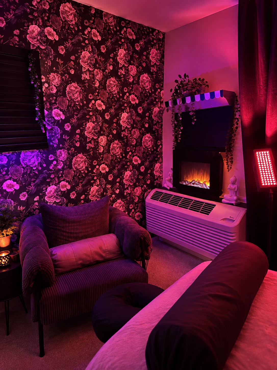 The real Body Patisserie studio with plum textiles and botanical wallpaper