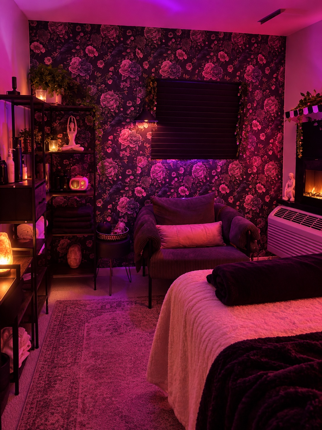 The studio seating area in plum lighting