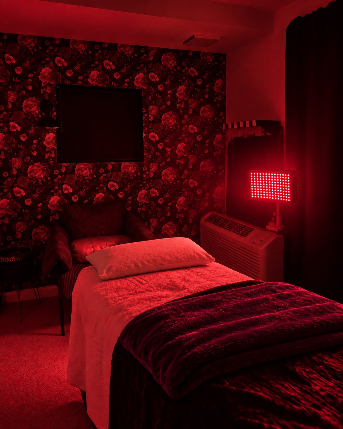 The studio with red lighting and the treatment table