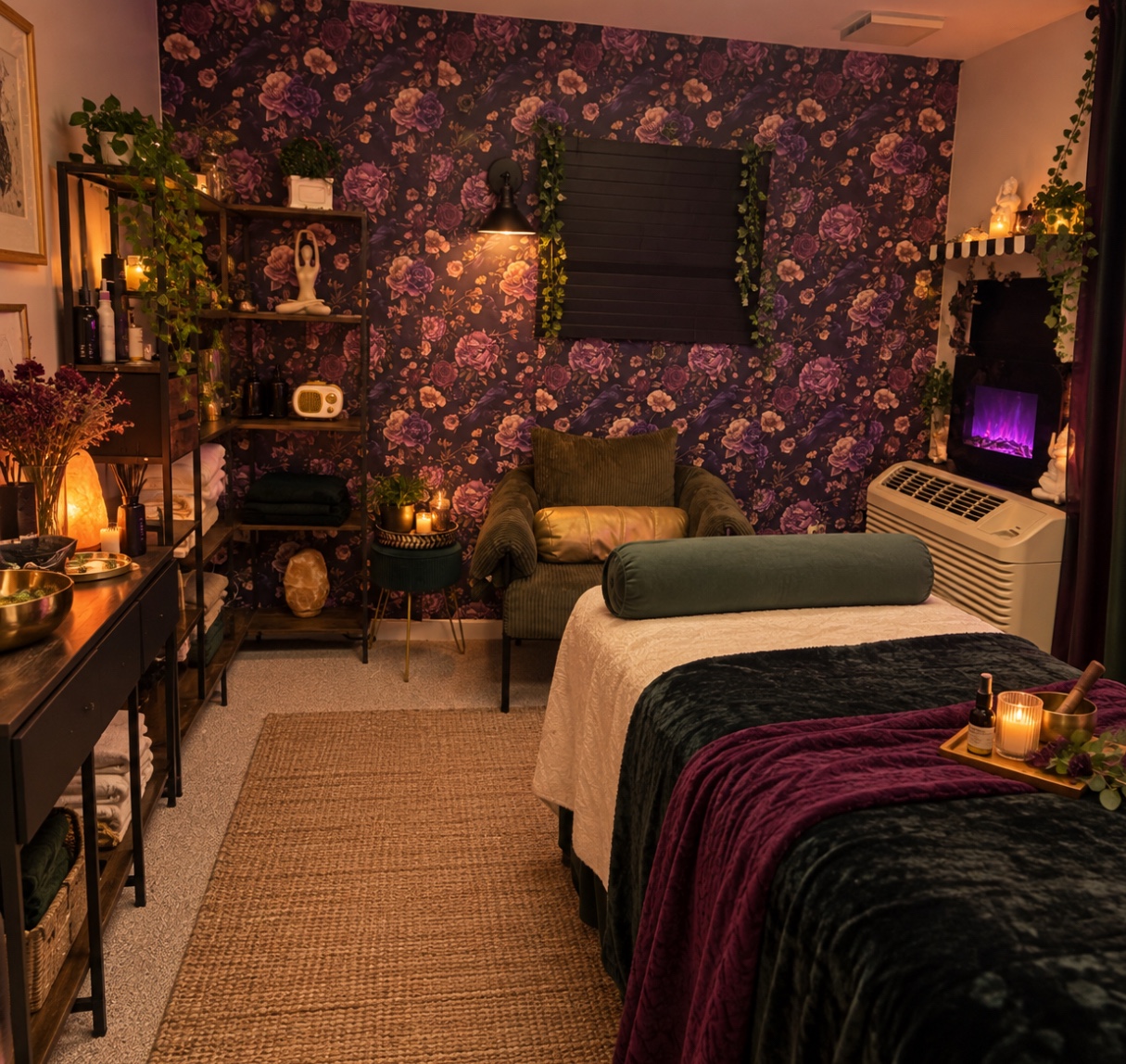 The Body Patisserie studio with a treatment table, botanical wallpaper and seating
