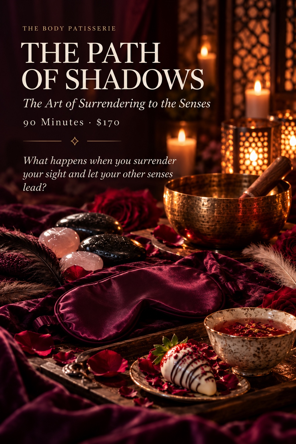 The Path of Shadows. The Art of Surrendering to the Senses. 90 Minutes · $170. What happens when you surrender your sight and let your other senses lead? Burgundy silk blindfold, roses, feathers, bronze singing bowl, candles, smooth stones, tea and a white-chocolate-dipped strawberry.