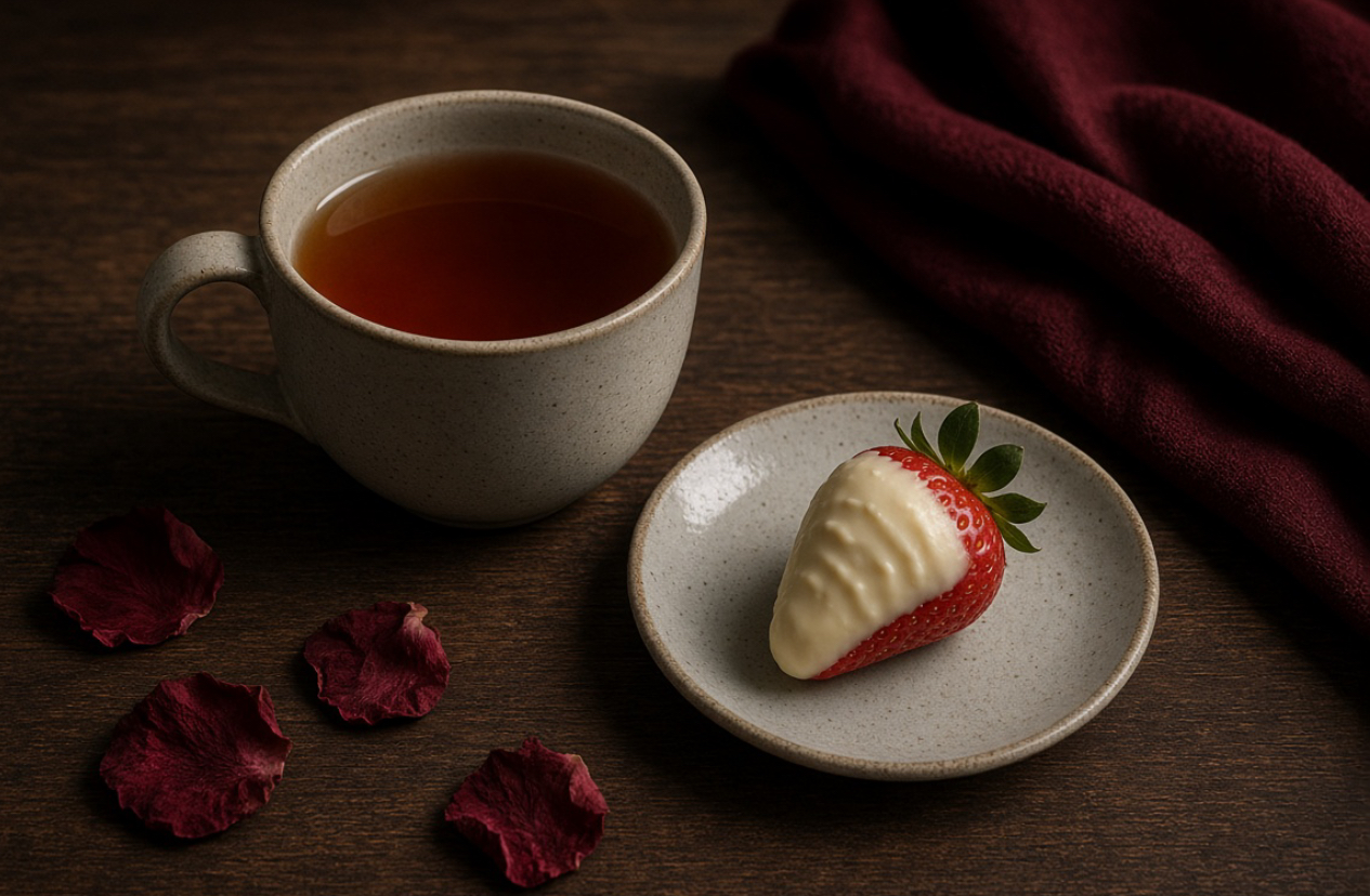 Amber tea in a ceramic cup and a white-chocolate-dipped strawberry on a ceramic plate, with dark wood, burgundy fabric and scattered petals.