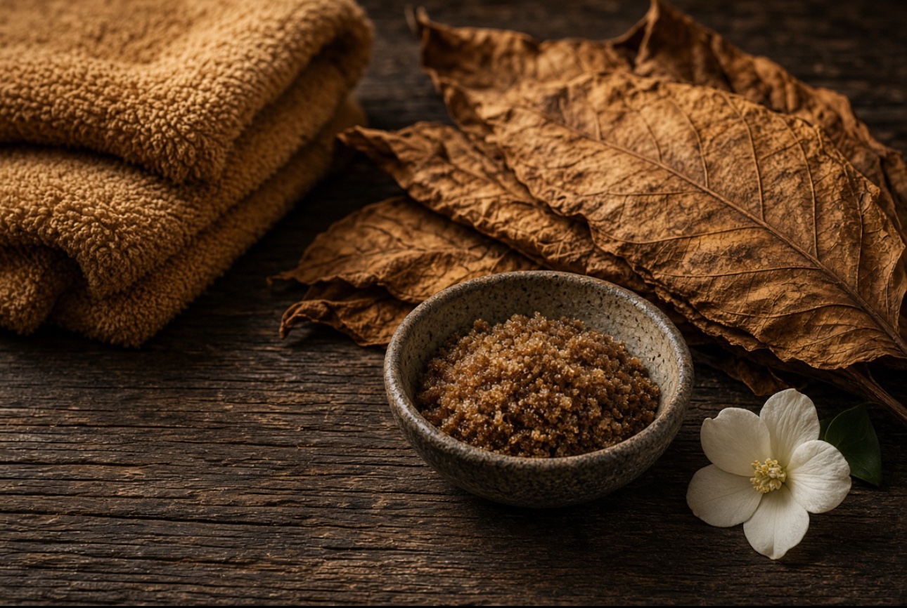 Folded brown towels, dried autumn leaves, a bowl of brown sugar and a white flower on dark wood