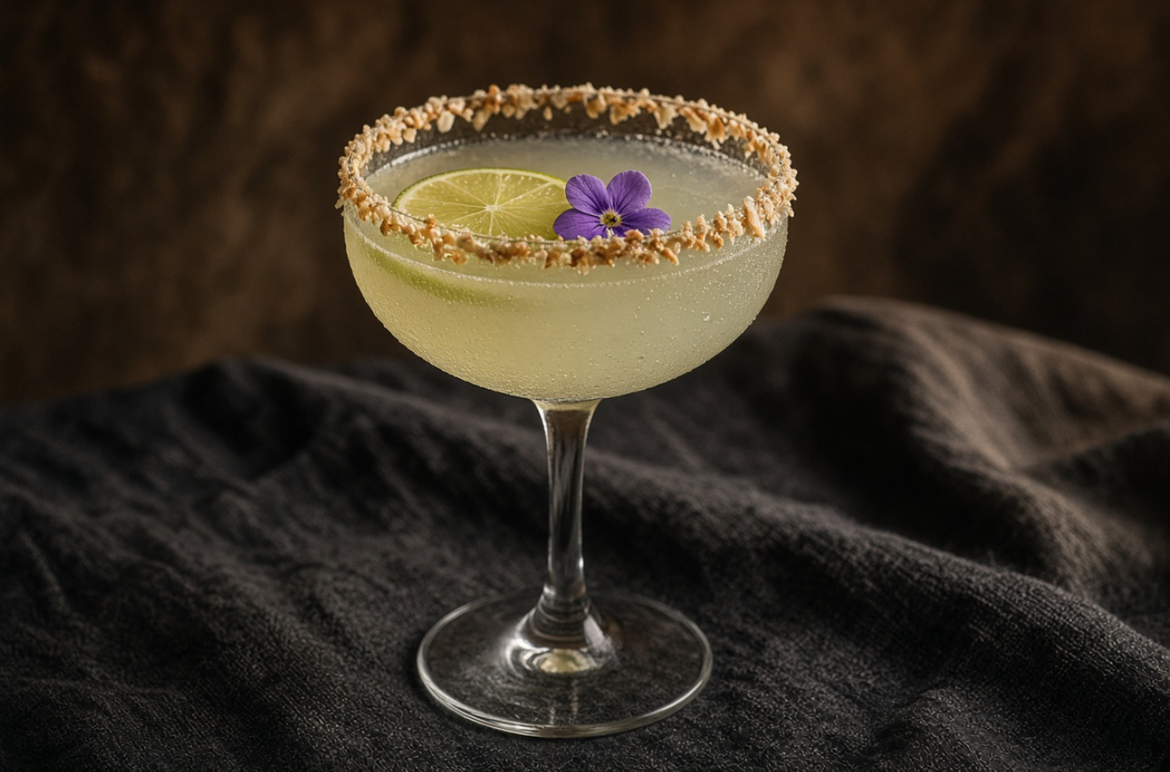 Pale drink in a coupe glass with a lime slice, purple edible flower and textured rim