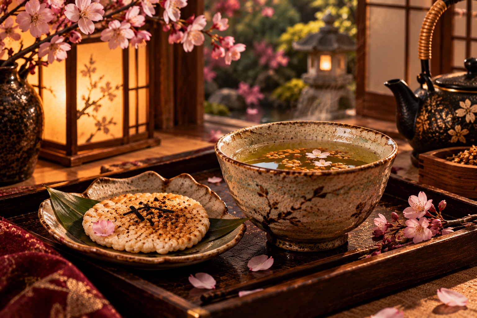 Genmaicha tea and a delicate rice cracker served on a tray with cherry blossoms and warm lantern light