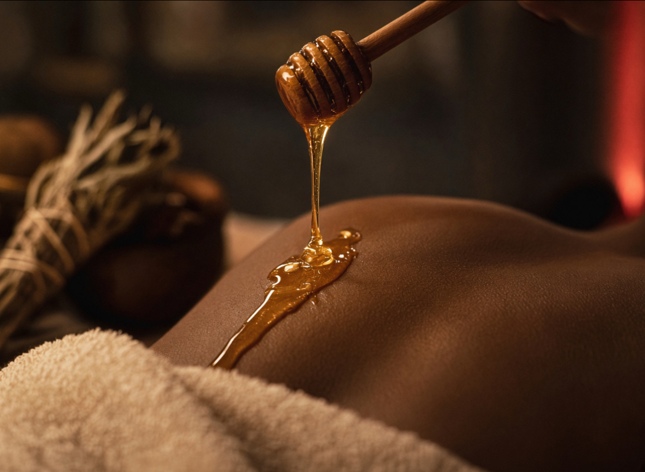 Golden honey flowing from a wooden dipper onto warm skin
