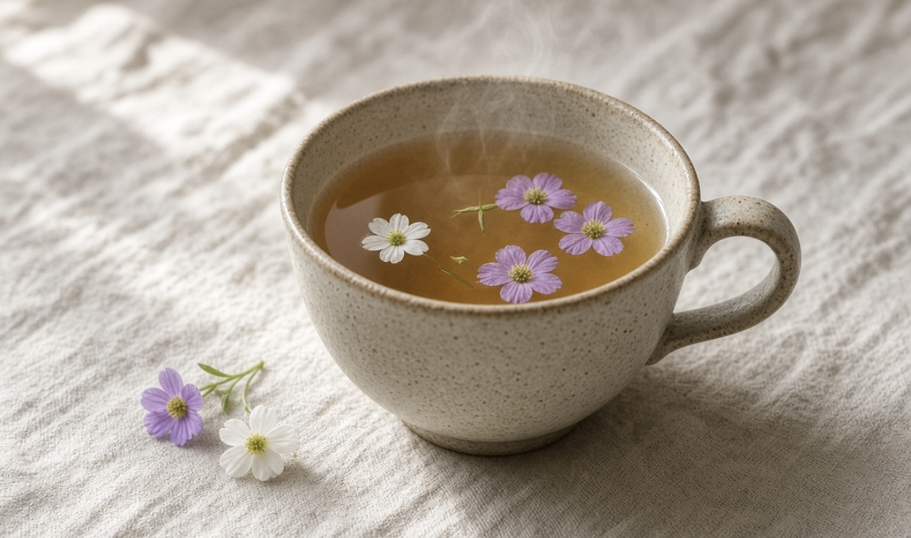 Warm golden tea with floating purple and white flowers in a simple beige ceramic cup on cream linen.